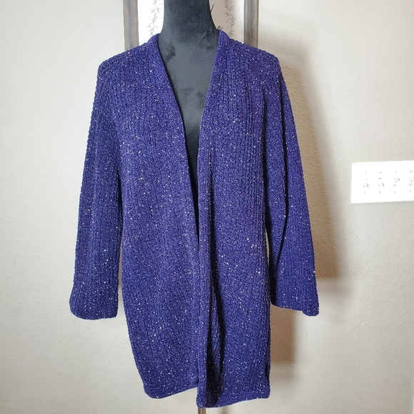 Women's Navy Blue Open Front Knit Long Sleeve Cardigan Size Large/XL EUC - Picture 1 of 14